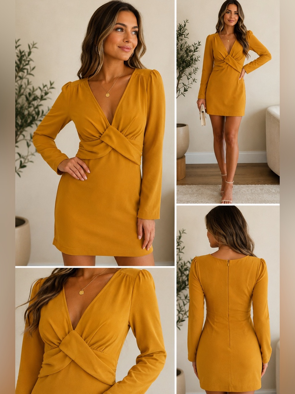 City Studio Mustard Yellow Twist Front Long Sleeve Mini Dress NWT